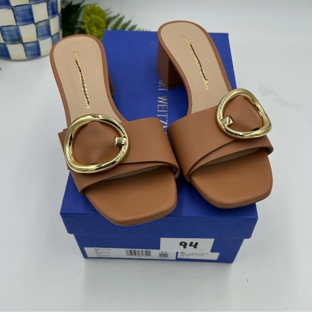 Women’s Stuart Weitzman Benni 85 leather slide sandal size 8, made in Spain